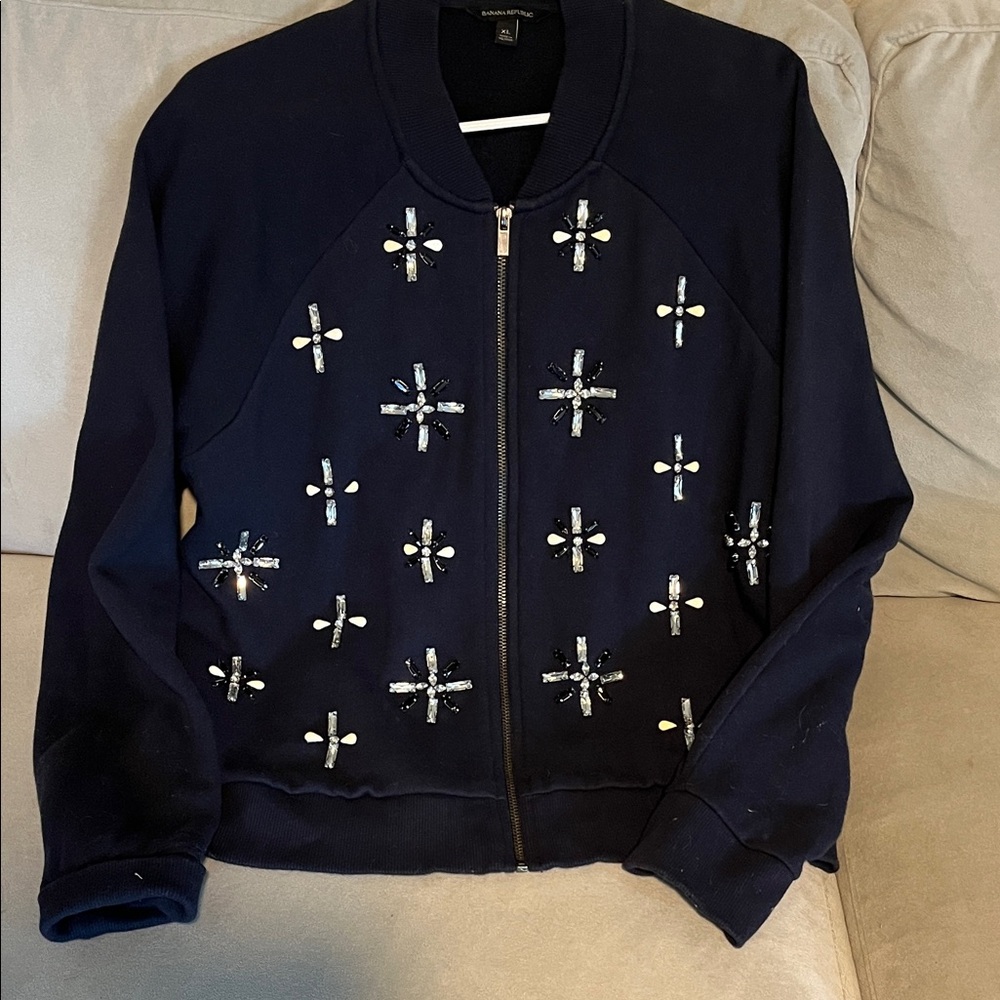 Banana Republic Navy Blue Bejeweled Bomber-style Zip-up Jacket